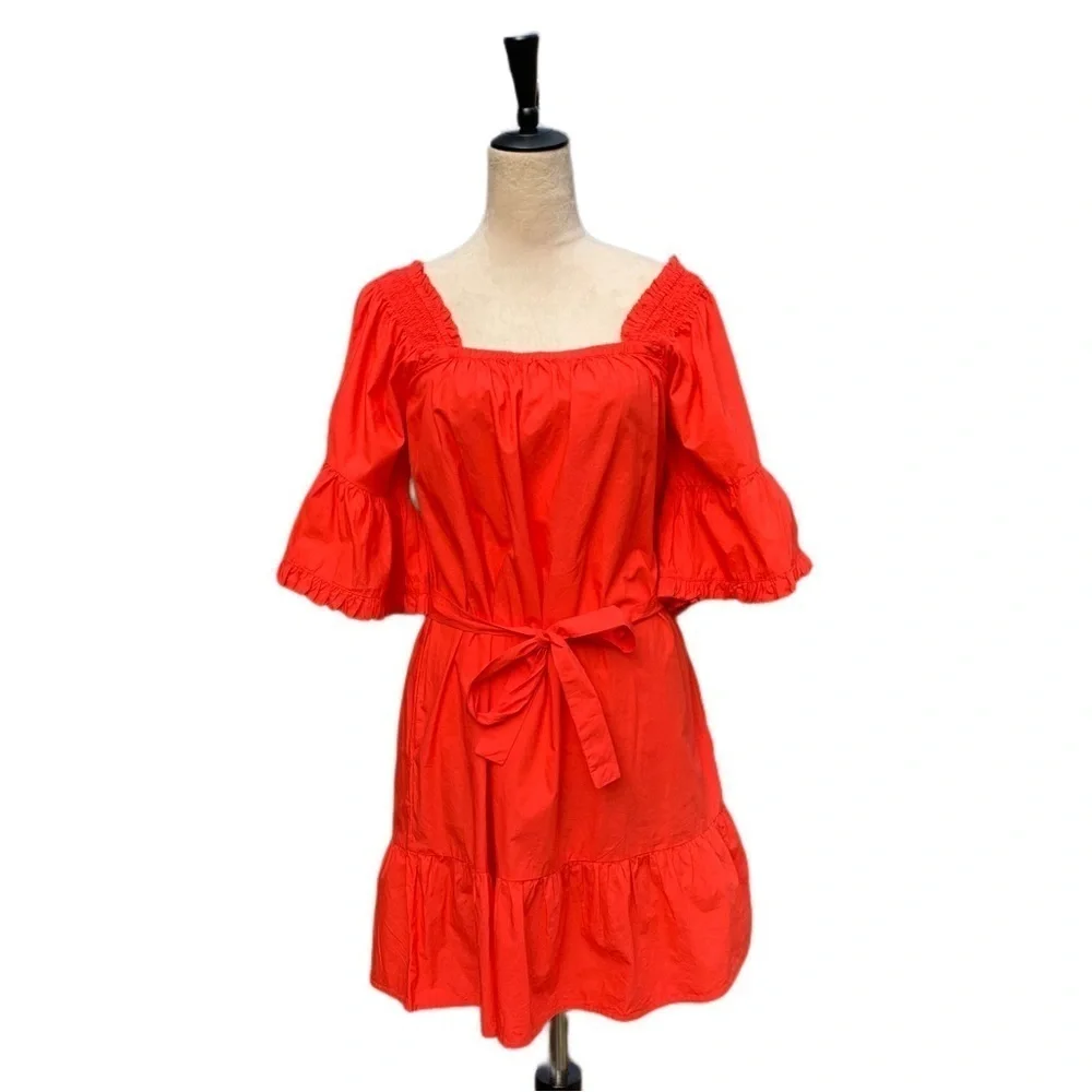 Joie Colstona Square Neck Half Bell Sleeve Ruffle Tomato Red‎ Mini Dress Small